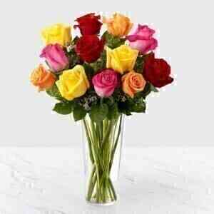 12 MIXED ROSES IN VASE..