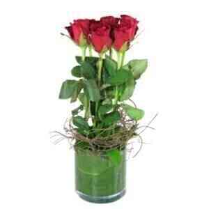 6 RED ROSES IN VASE..