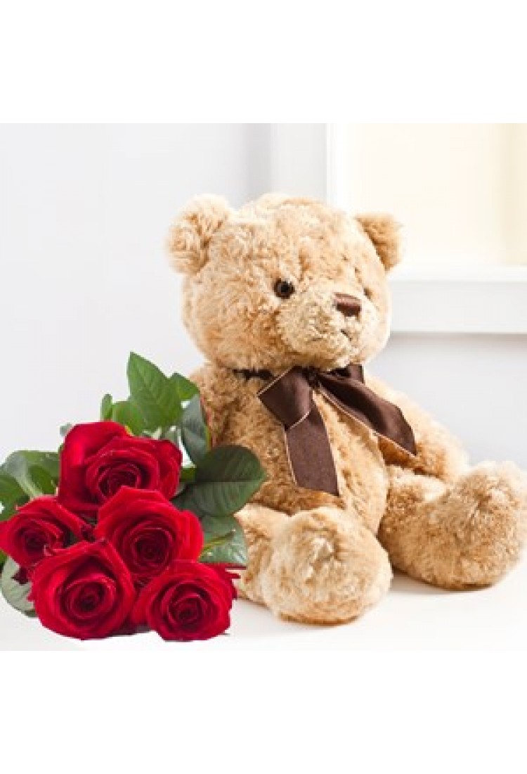7 roses and teddy bear..