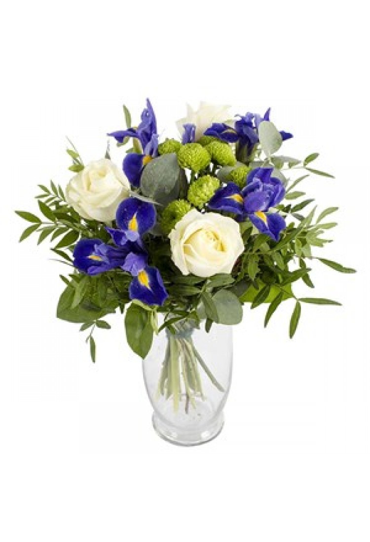 With blue and white thoug..